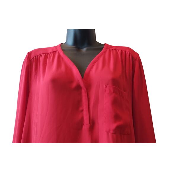Pleione Women's red Long Sleeve V-Neck Pocket Poly Tunic Blouse Size L - Picture 2 of 10